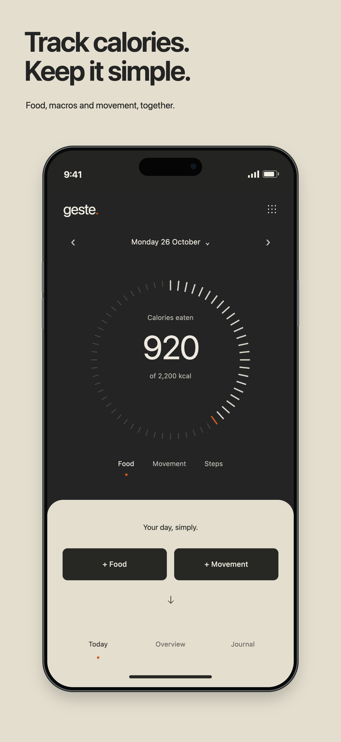 Geste home screen with illustrative food and activity records.