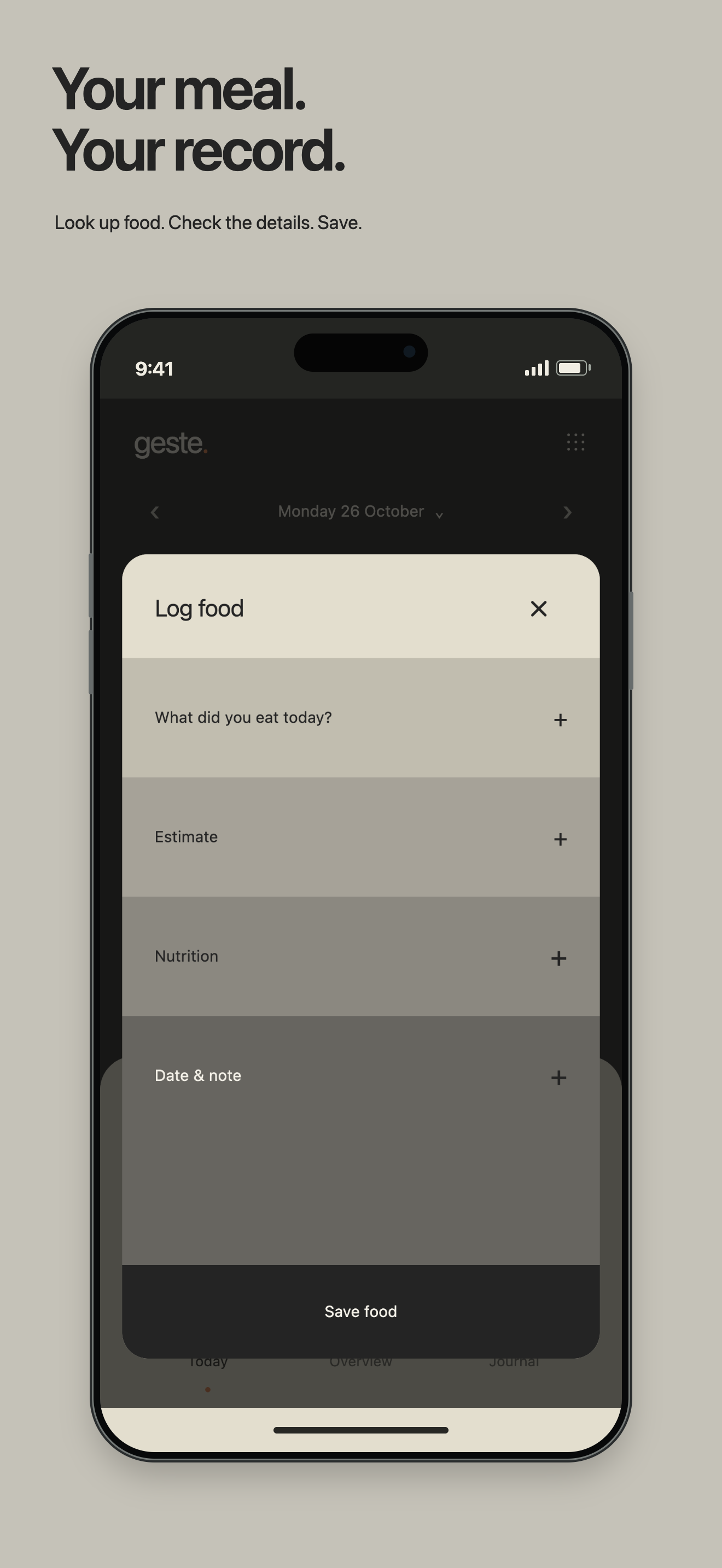 Log a meal. Example app records.