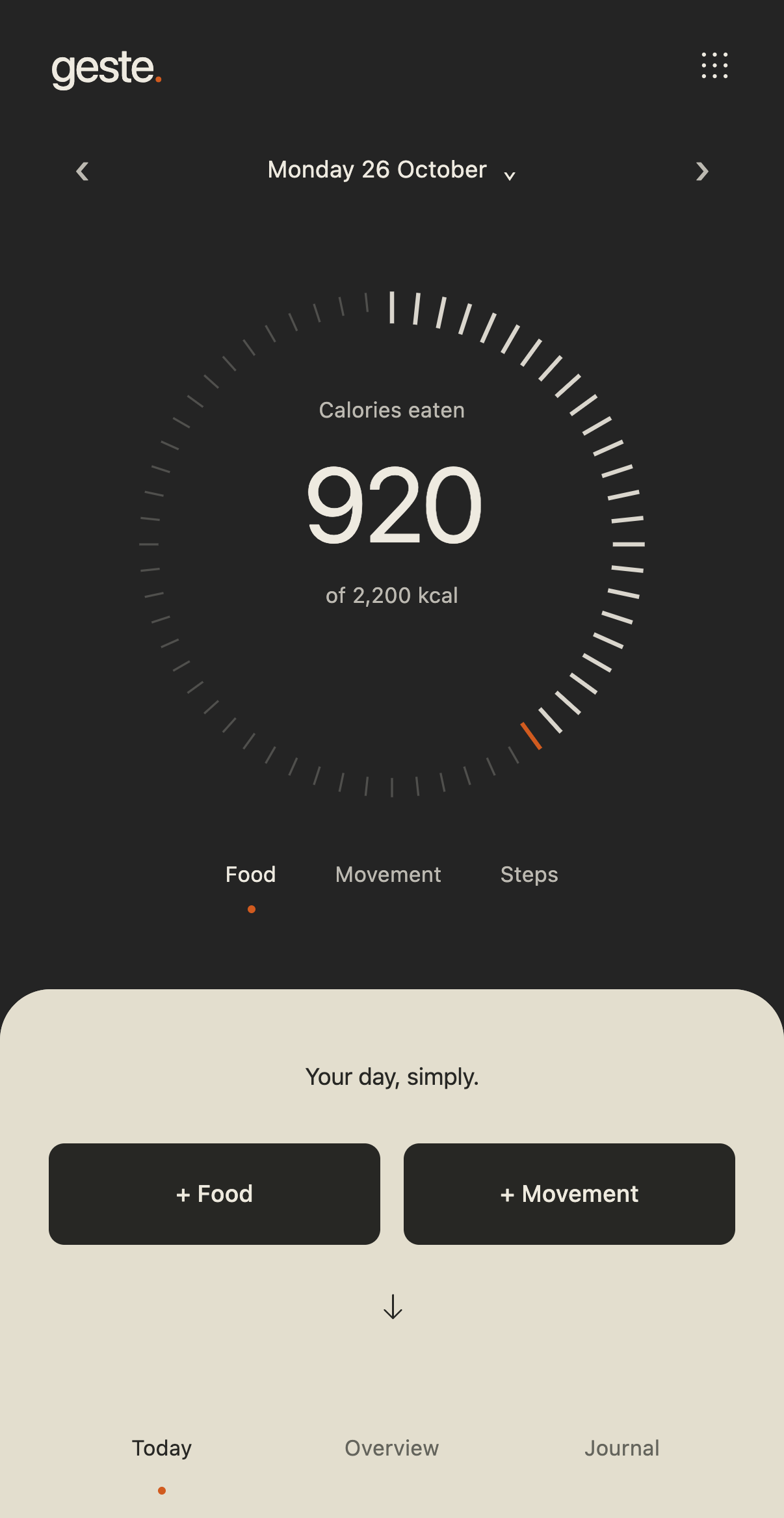 Today: food, movement and daily goals. Example entries.